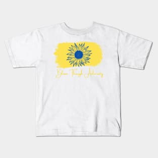 Bloom Through Adversity - Blue Sunflower/Yellow Paint Streak Kids T-Shirt